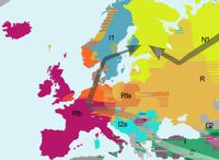 Euroopan miesväestön päähaploryhmät I, N ja R ja näiden reittejä Euroopan alueelle. (Robert Gabel, Wikipedia, Public Domain, 2012)